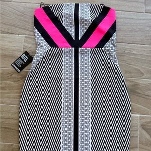 Express Strapless Dress with Black, White, and Pink Zigzag Design
